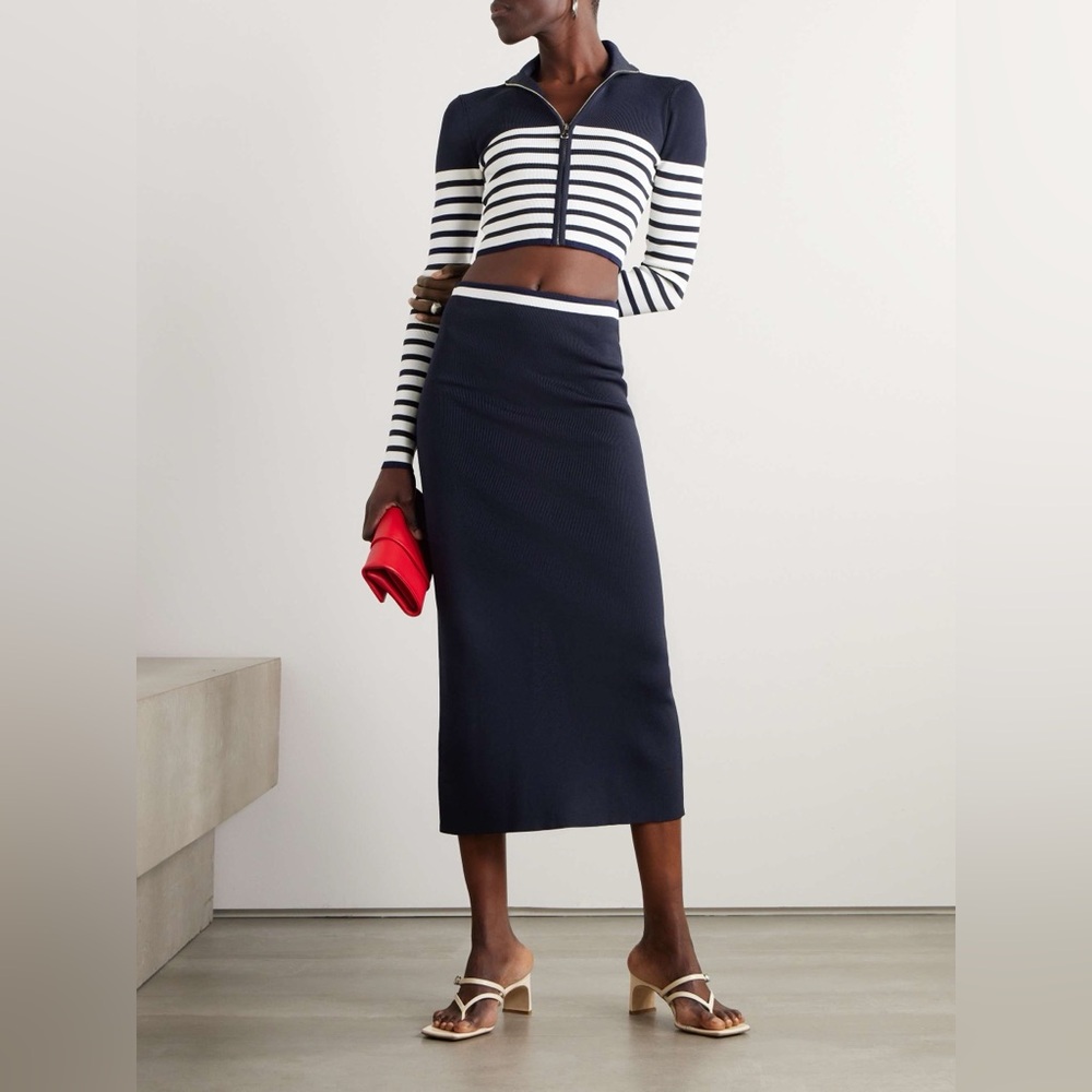 STAUD Navy and White Raft Cardigan